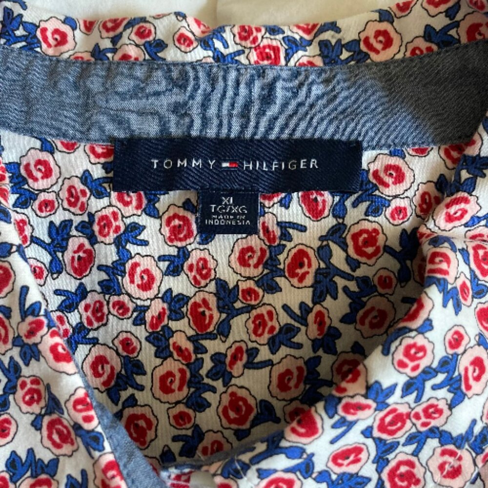 Tommy Hilfiger Cotton Blouse Ditsy Floral Blue Red White LS Button Down, size XL